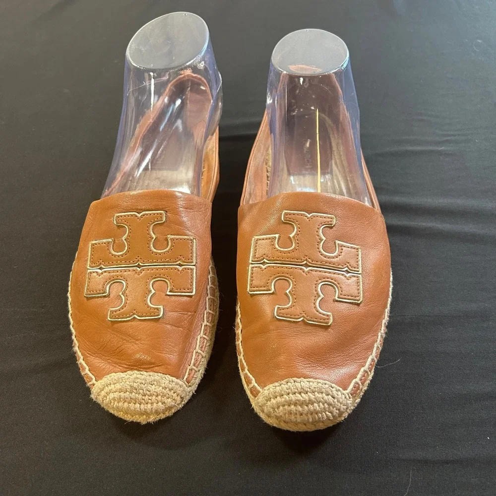 Tory Burch Women's Cognac Brown leather‎ jute espadrille flats logo